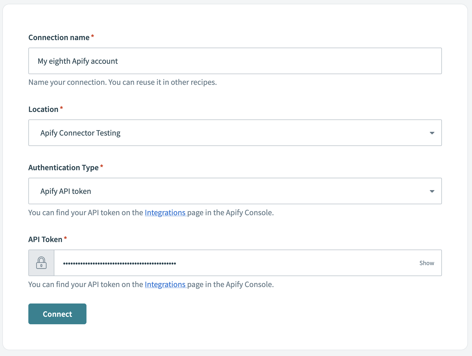 Screenshot of the Workato API Key authentication form