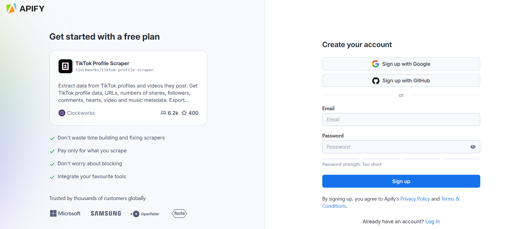 Sign up page